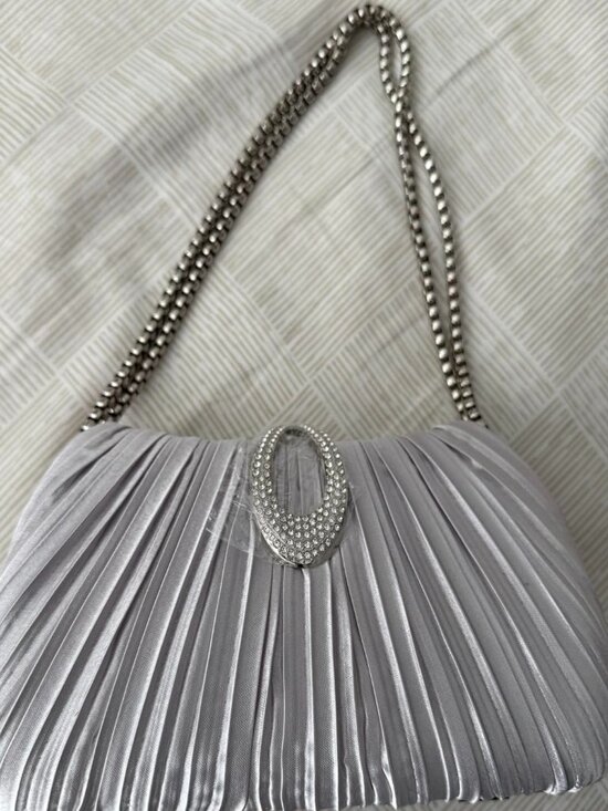 Neiman Marcus Handbags - Neiman Marcus Silver Satin Elegant Prom Sparkling Evening Bag